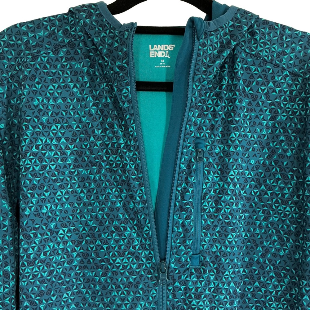 Lands End Women's Medium Teal Geometric Print Hooded Lightweight Jacket EUC